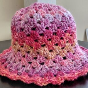 Handmade Multicolor Crochet Bucket Hat - Pink & Pastel Blend